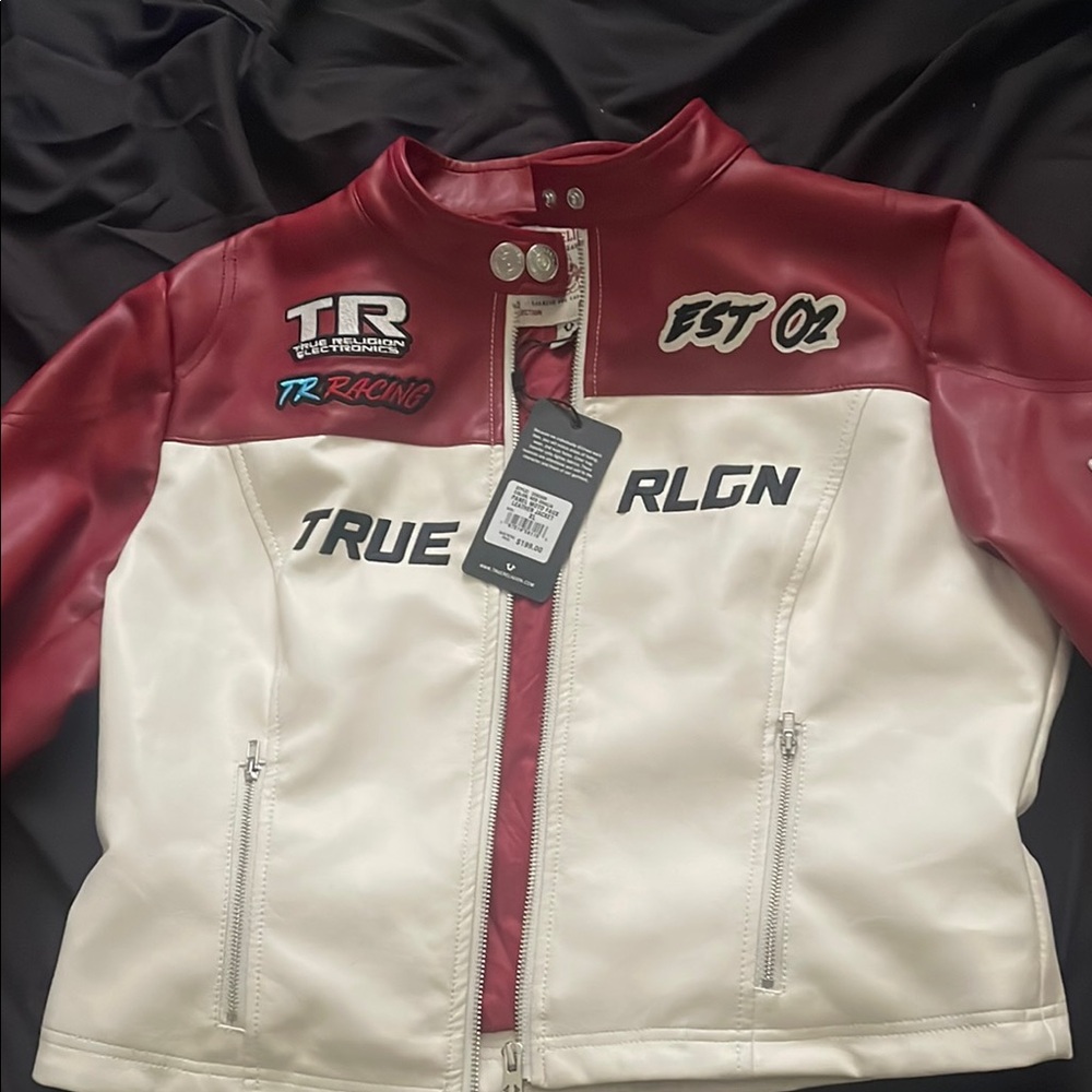 True Religion Red and White Jean Jacket Racing Style
